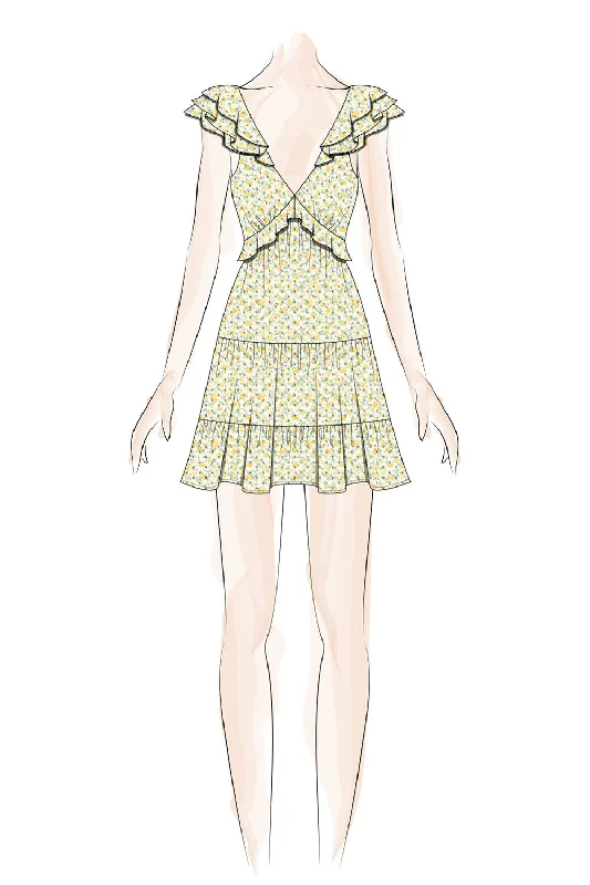 White Yellow Floral Ruffle Layered Sleeve Dress