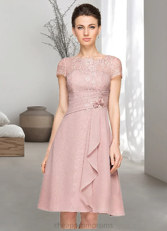 Rosemary A-Line Scoop Neck Knee-Length Chiffon Lace Mother of the Bride Dress With Beading Flower(s) Sequins Cascading Ruffles STI126P0014704