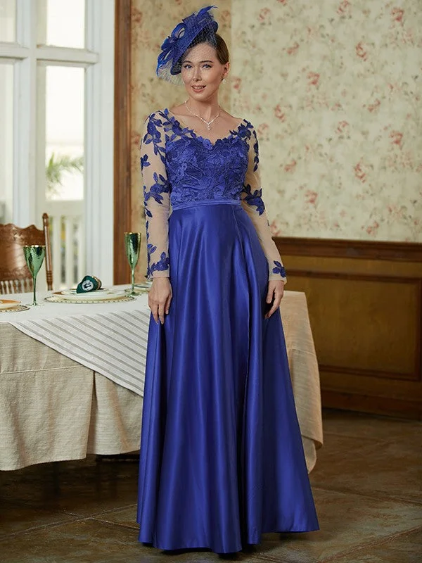 Elsa A-Line/Princess Satin Applique V-neck Long Sleeves Floor-Length Mother of the Bride Dresses STIP0020358