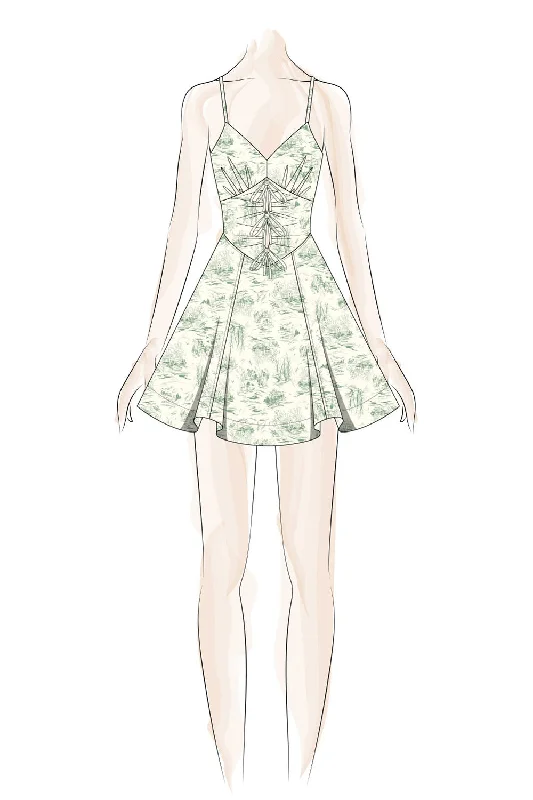White Green Toile 3 Tie Bow Dress