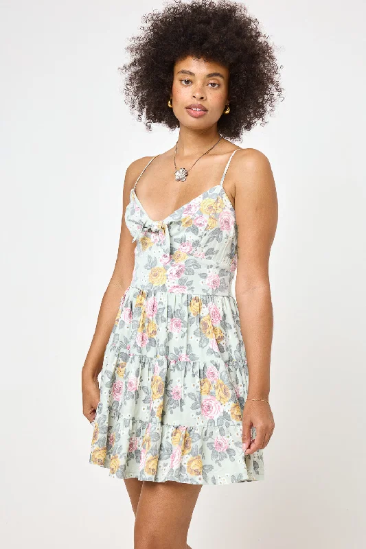 Green Floral Tie Front Spaghetti Strap Dress