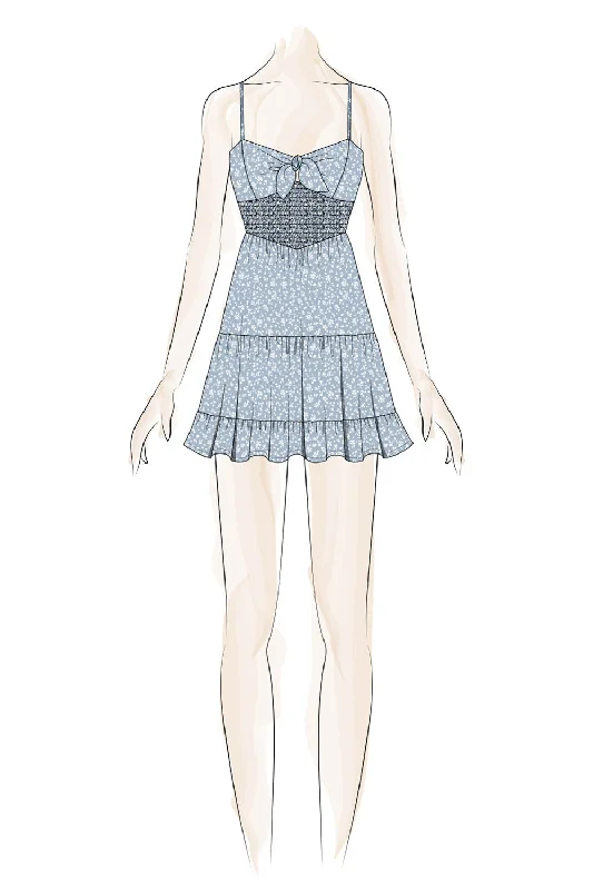 Blue Floral Tie Smocking Dress