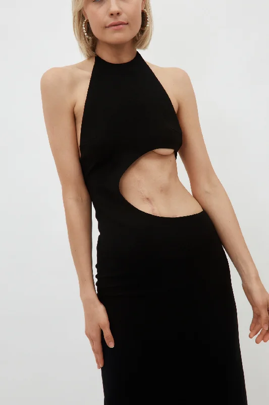Drawstring Halterneck Black Cut Out Dress