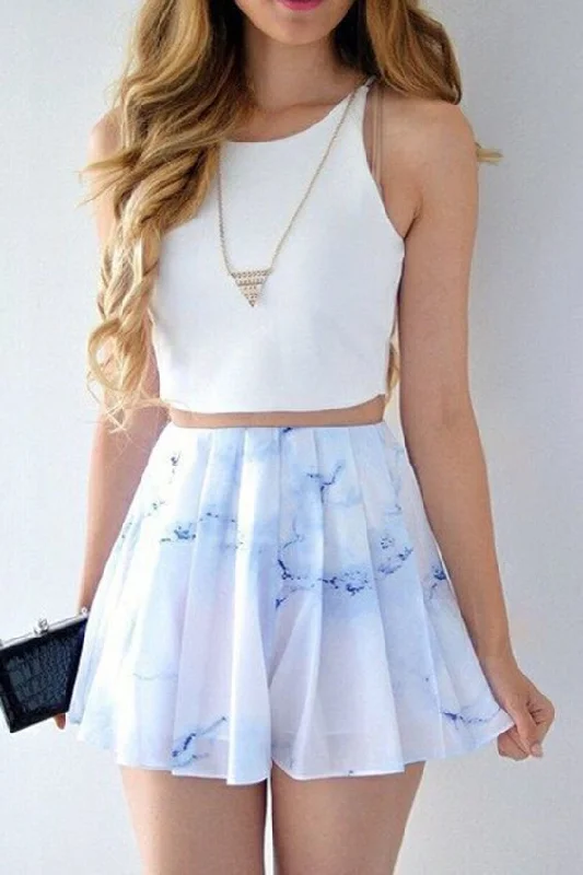 Two Piece Bateau Short Printed White Chiffon Homecoming Dress  cg368