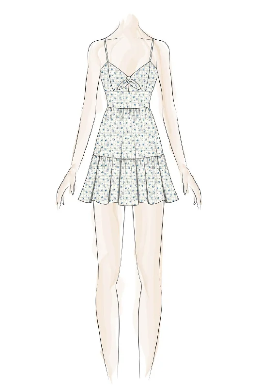 White Blue Floral Tie Bow Skinny Strap Dress
