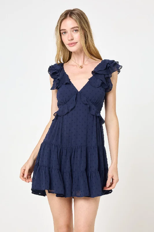 Navy Ruffle Layered Sleeve Dress