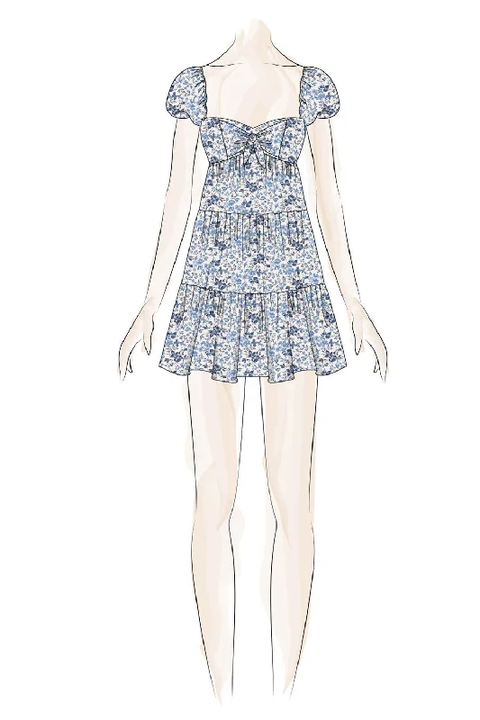 White Blue Floral Puff Sleeve Tie Dress