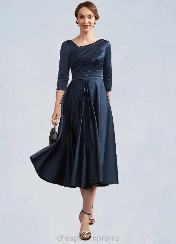 Hazel A-Line V-neck Tea-Length Satin Mother of the Bride Dress With Ruffle STI126P0014883 Hazel A-Line V-neck Tea-Length Satin Mother of the Bride Dress With Ruffle STI126P0014883