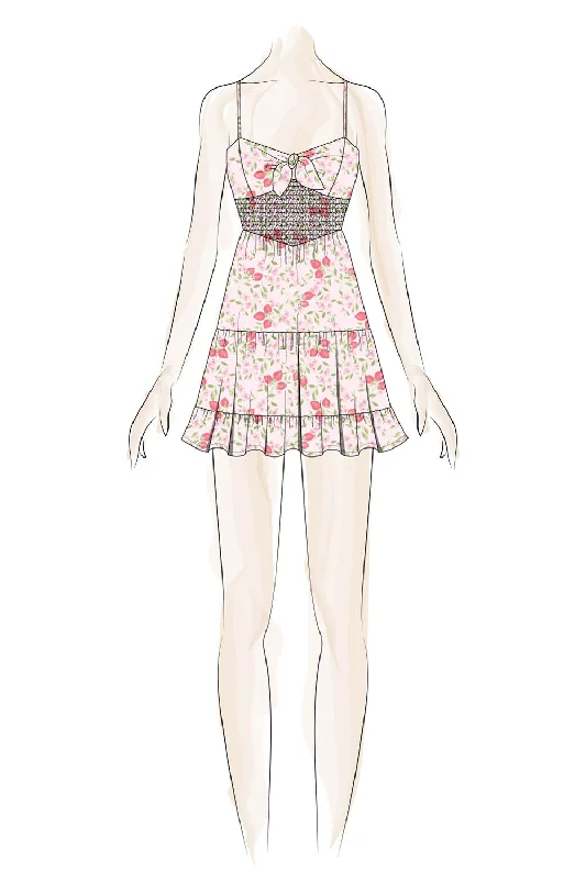 Pink Cherry Tie Smocking Waist Dress