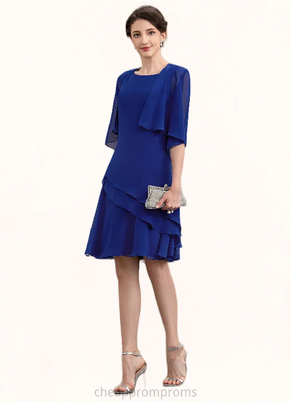 Ximena A-Line Scoop Neck Knee-Length Chiffon Mother of the Bride Dress With Cascading Ruffles STI126P0014884 Ximena A-Line Scoop Neck Knee-Length Chiffon Mother of the Bride Dress With Cascading Ruffles STI126P0014884