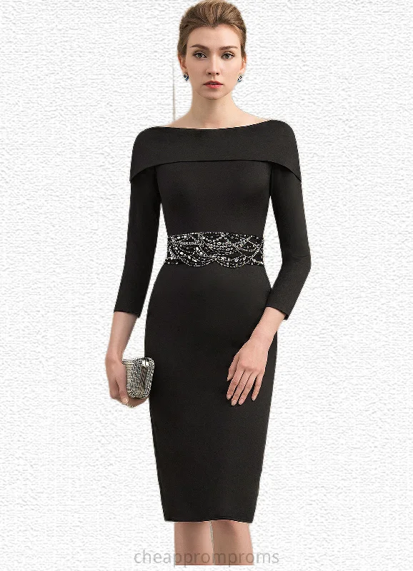 Kitty Sheath/Column Off-the-Shoulder Knee-Length Jersey Mother of the Bride Dress With Beading Sequins STI126P0014897