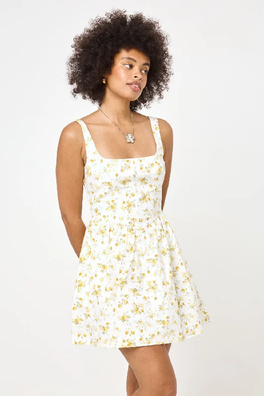 White Yellow Floral Corset A-line Dress
