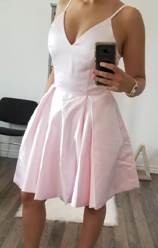 Pink Satin V-Neck 2019 Homecoming Dress, A-Line Cocktail Dresses With Pockets cg3659 Pink Satin V-Neck 2019 Homecoming Dress, A-Line Cocktail Dresses With Pockets cg3659