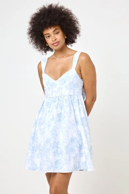 White Blue Back Bow Babydoll Dress