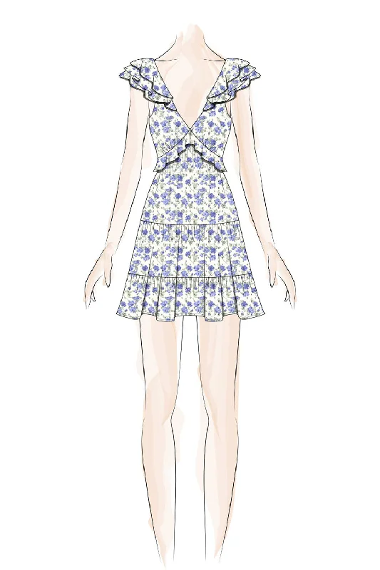 White Purple Floral Ruffle Layered Sleeve Dress