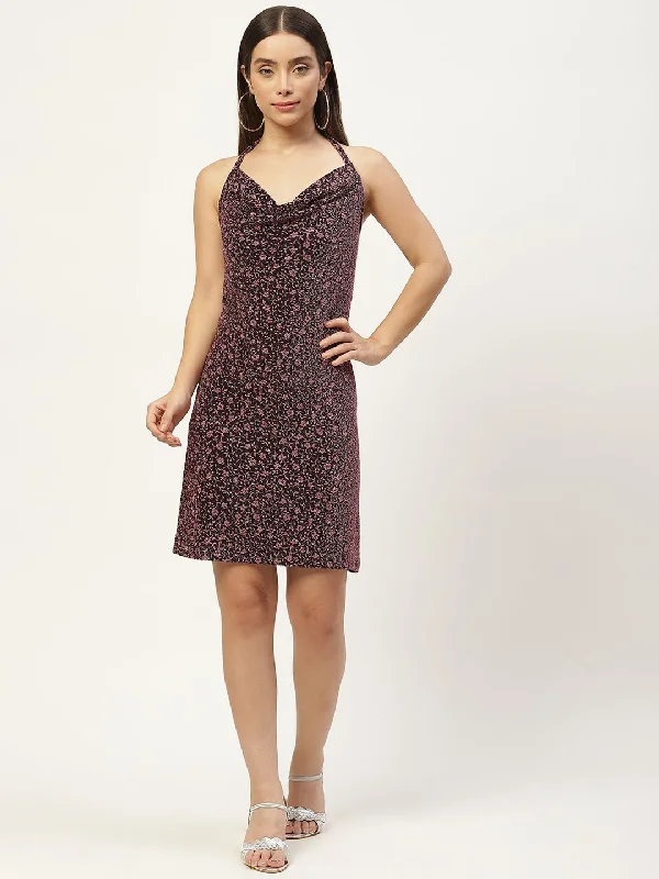 Maroon Embellished Halter Neck Jacquard Sheath Dress