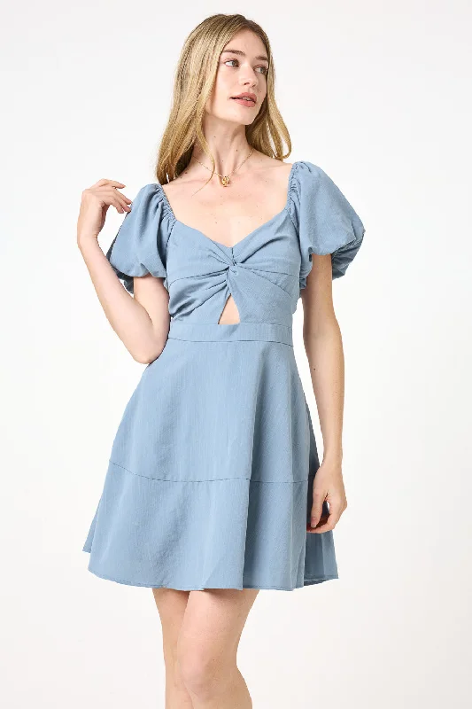 Smock Blue Puff Sleeve Twist Front Dress
