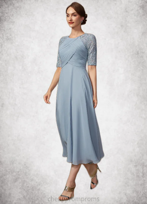 Madeline A-Line Scoop Neck Tea-Length Chiffon Lace Mother of the Bride Dress With Ruffle STI126P0014616 Madeline A-Line Scoop Neck Tea-Length Chiffon Lace Mother of the Bride Dress With Ruffle STI126P0014616