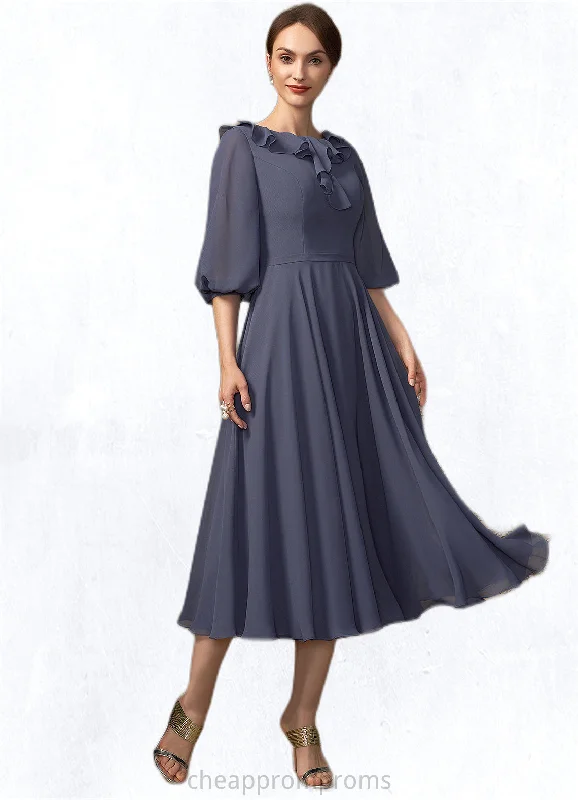 Nora A-Line Scoop Neck Tea-Length Chiffon Mother of the Bride Dress With Cascading Ruffles STI126P0014920