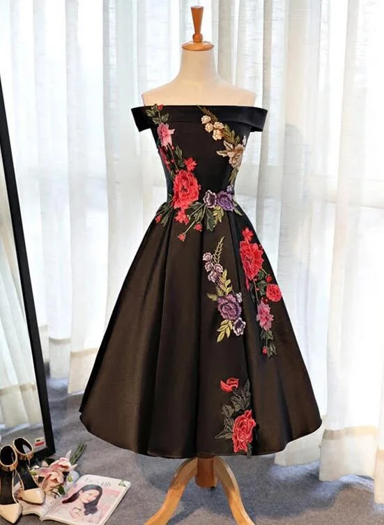 Beautiful Satin Black Tea Length Party homecoming Dress, Floral Black Formal Dress cg3290 Beautiful Satin Black Tea Length Party homecoming Dress, Floral Black Formal Dress cg3290