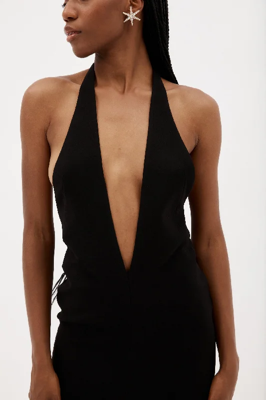 Plunge Black V Dress with Front Slit