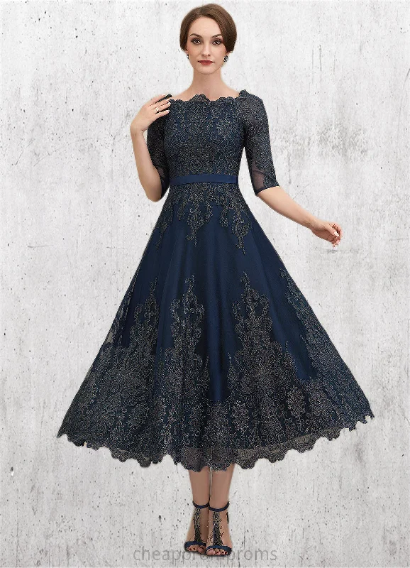 Roselyn A-Line Scoop Neck Tea-Length Lace Mother of the Bride Dress STI126P0014705