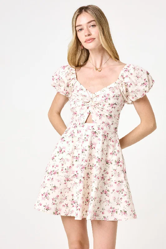 Ivory Pink Floral Puff Sleeve Twist Keyhole Dress