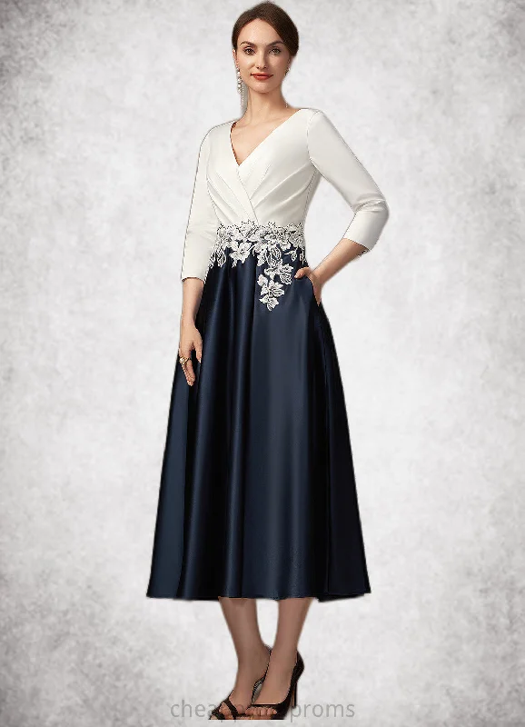 Cindy A-Line V-neck Tea-Length Satin Mother of the Bride Dress With Ruffle Appliques Lace Pockets STI126P0014778 Cindy A-Line V-neck Tea-Length Satin Mother of the Bride Dress With Ruffle Appliques Lace Pockets STI126P0014778