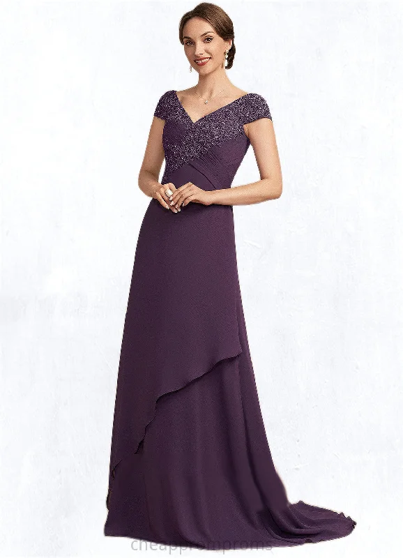 Rachael A-Line V-neck Sweep Train Chiffon Lace Mother of the Bride Dress With Ruffle Beading STI126P0014824 Rachael A-Line V-neck Sweep Train Chiffon Lace Mother of the Bride Dress With Ruffle Beading STI126P0014824
