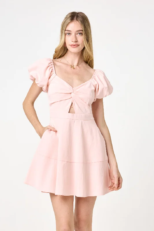 Pearl Pink Puff Sleeve Twist Keyhole Dress