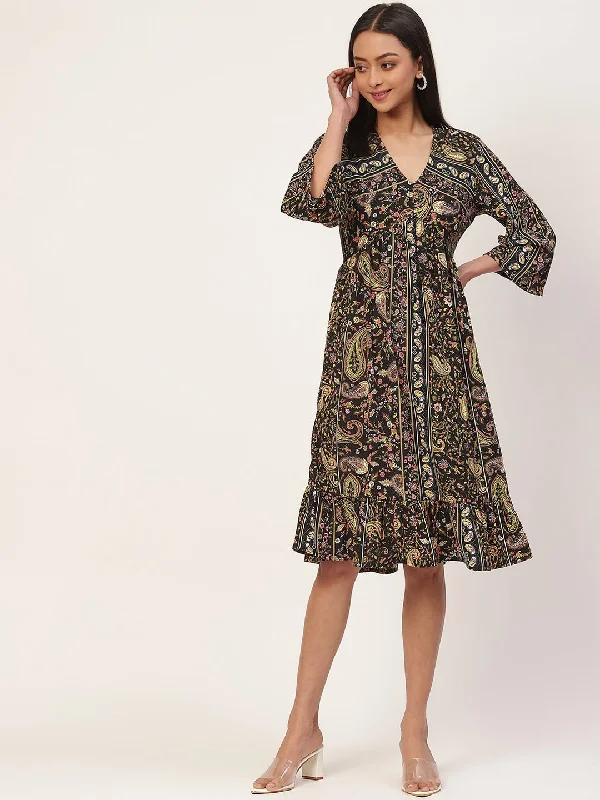 Multicoloured Ethnic Motifs Crepe A-Line Dress