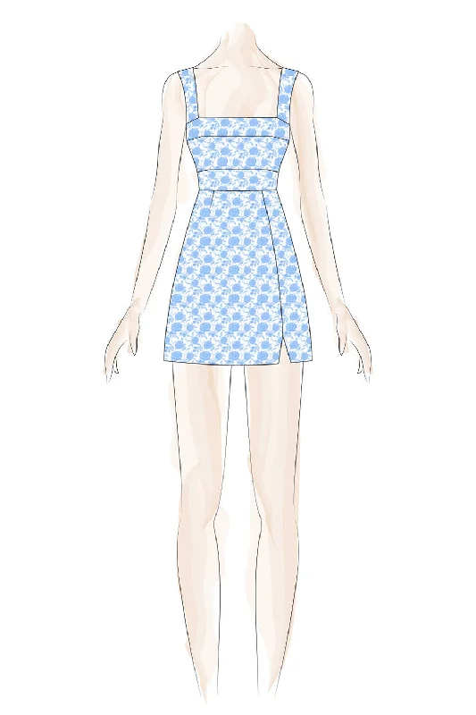 White Blue Embossed U Neck Dress