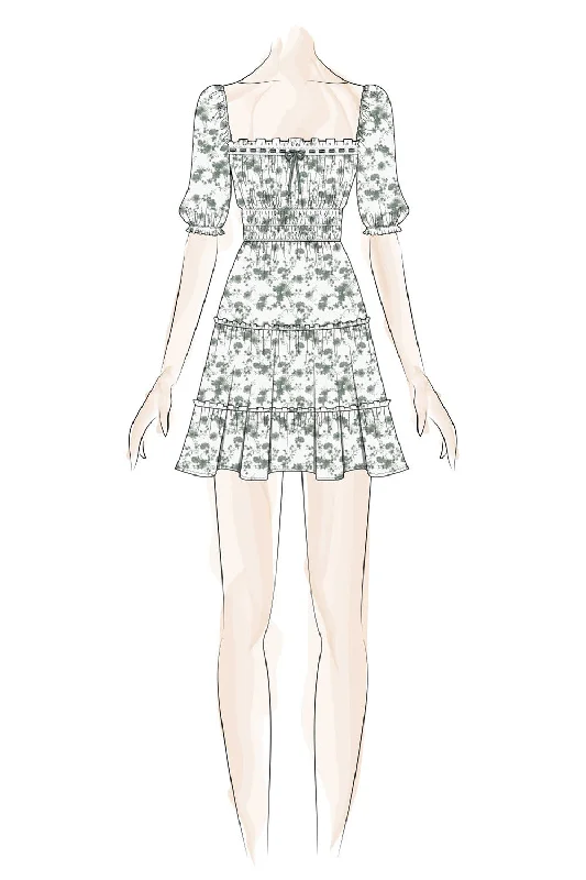 White Floral Puff Sleeve Tier Dress