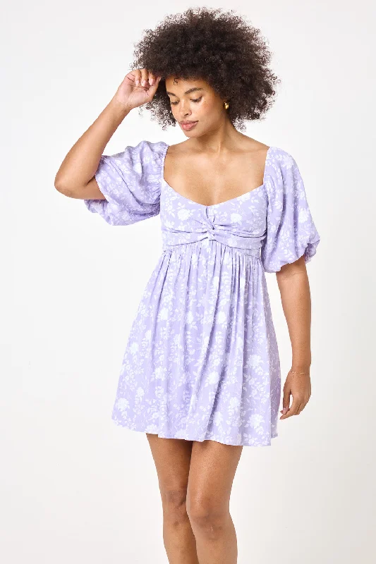 Lilac Puff Sleeve Twist Front Dress