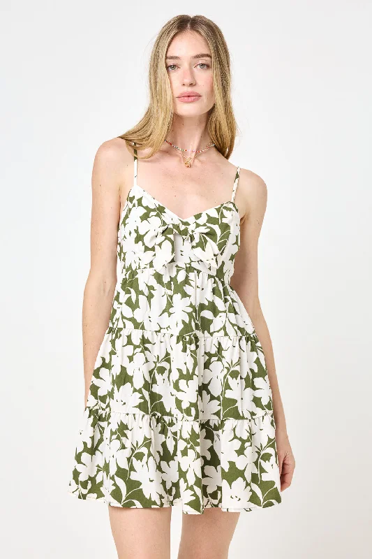 Green Floral Tie Front Spaghetti Strap Dress