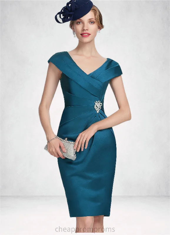 Emelia Sheath/Column V-neck Knee-Length Satin Mother of the Bride Dress With Ruffle Beading STI126P0014631 Emelia Sheath/Column V-neck Knee-Length Satin Mother of the Bride Dress With Ruffle Beading STI126P0014631