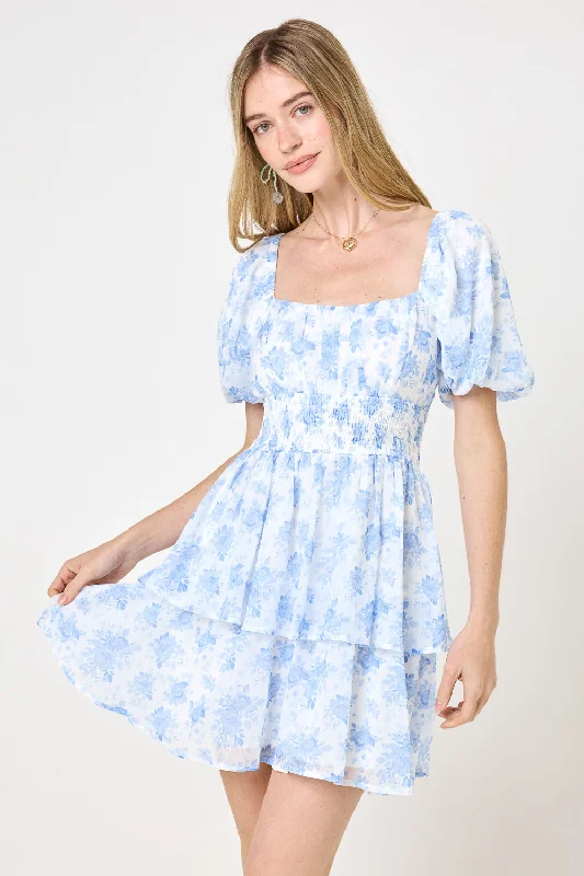 White Blue Floral Puff Sleeve Smocked Dress