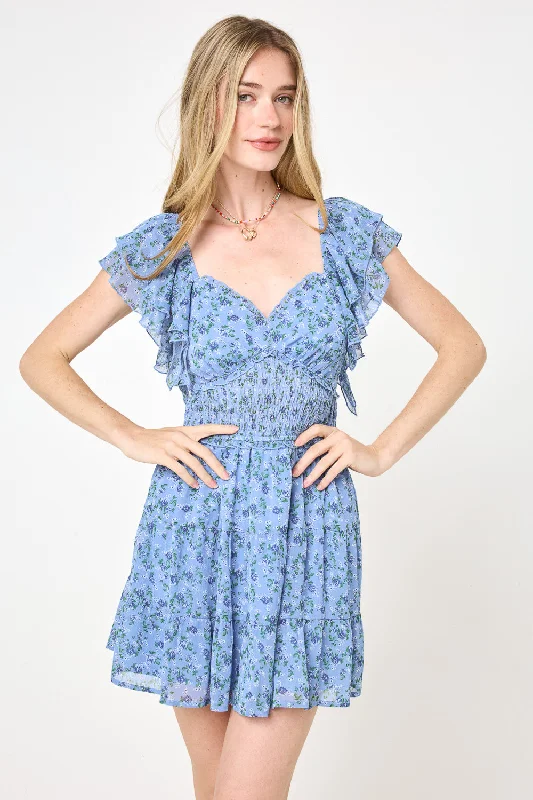 Blue Floral Chiffon Tier Dress