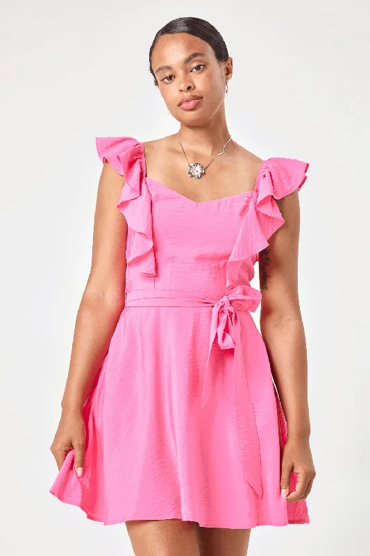 Hot Pink Ruffle Sleeve Tie Waist Dress