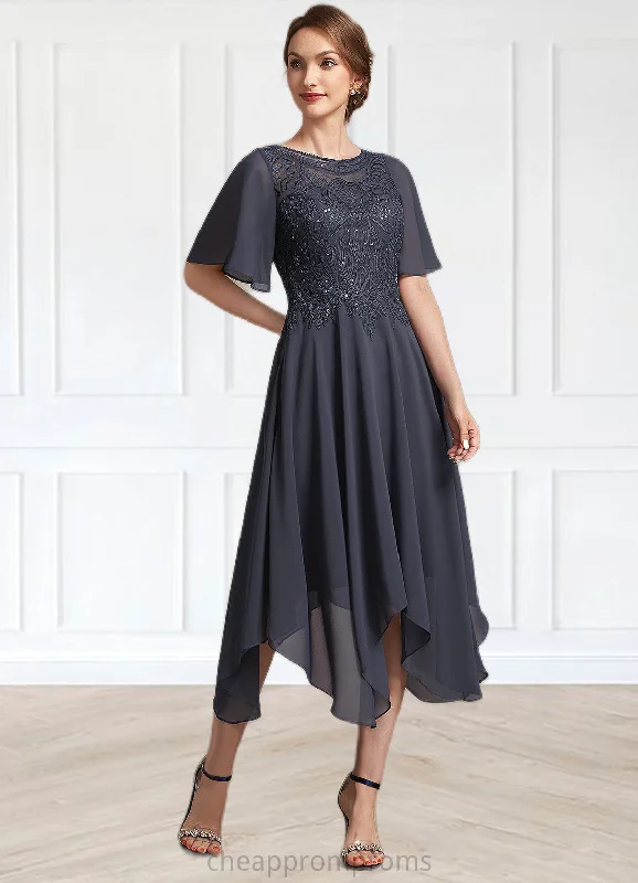 Alicia A-Line Scoop Neck Tea-Length Chiffon Lace Mother of the Bride Dress With Sequins STI126P0014830 Alicia A-Line Scoop Neck Tea-Length Chiffon Lace Mother of the Bride Dress With Sequins STI126P0014830