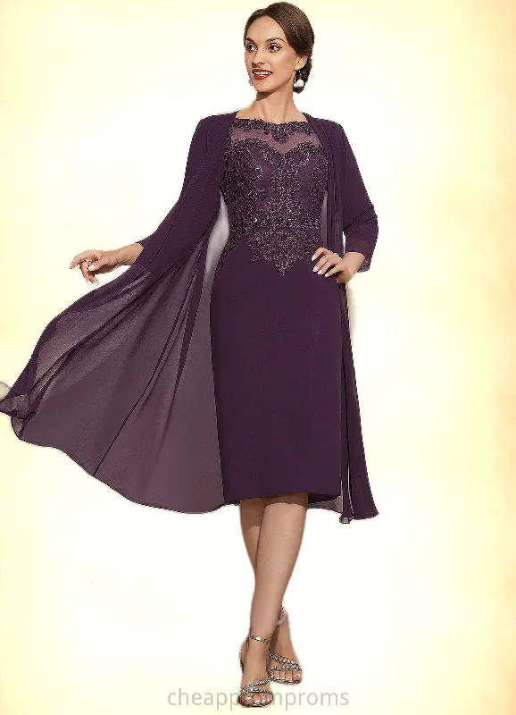 Liana Sheath/Column Scoop Neck Knee-Length Chiffon Lace Mother of the Bride Dress With Beading STI126P0014794