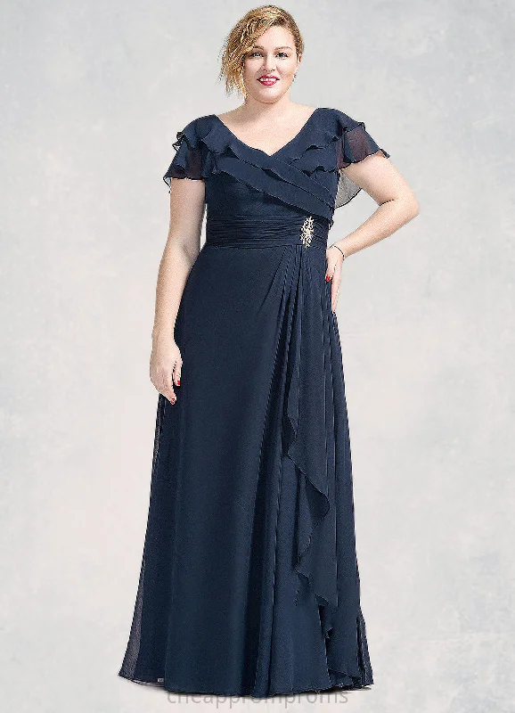Yareli A-Line V-neck Floor-Length Chiffon Mother of the Bride Dress With Crystal Brooch Cascading Ruffles STI126P0014796