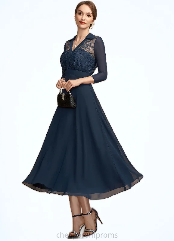 Penelope A-Line V-neck Tea-Length Chiffon Lace Mother of the Bride Dress STI126P0014905