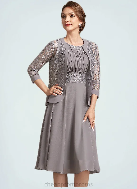 Annabella A-Line Scoop Neck Knee-Length Chiffon Lace Mother of the Bride Dress With Ruffle STI126P0014766 Annabella A-Line Scoop Neck Knee-Length Chiffon Lace Mother of the Bride Dress With Ruffle STI126P0014766