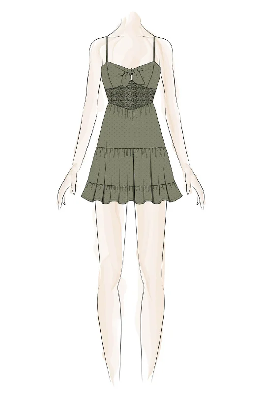 Olive Dot Tie Smocking Waist Dress