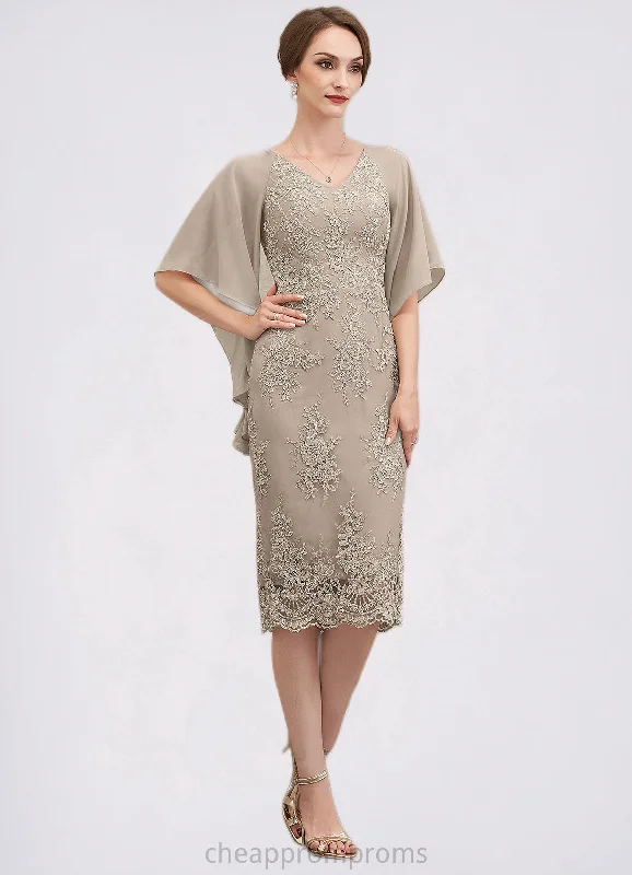 Denisse Sheath/Column V-neck Knee-Length Chiffon Lace Mother of the Bride Dress With Cascading Ruffles STI126P0014925