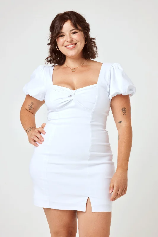 White Bubble Sleeve Twist Front Dress