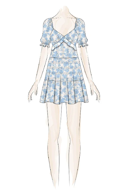 White Blue Puff Sleeve V-Neck Dress