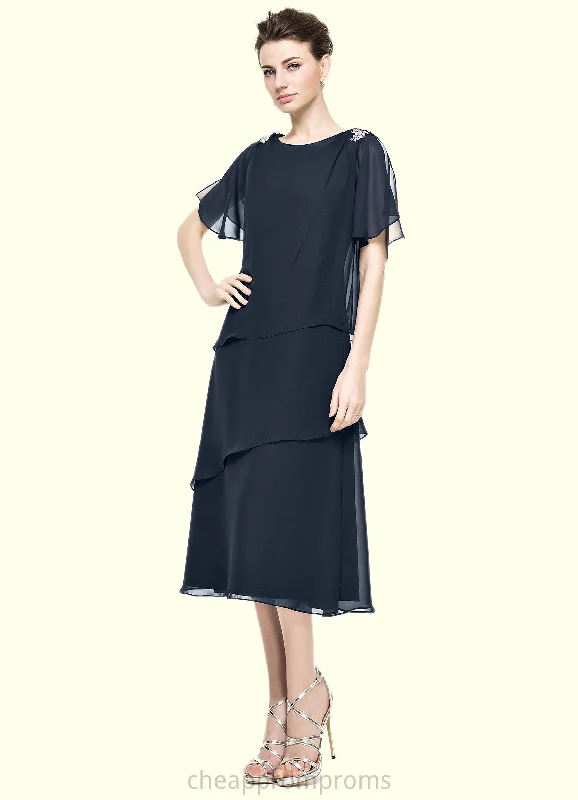Kenya A-Line Scoop Neck Tea-Length Chiffon Mother of the Bride Dress With Beading Sequins Cascading Ruffles STI126P0014875 Kenya A-Line Scoop Neck Tea-Length Chiffon Mother of the Bride Dress With Beading Sequins Cascading Ruffles STI126P0014875