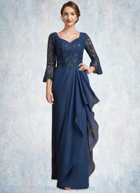 Mattie A-Line V-neck Floor-Length Chiffon Lace Mother of the Bride Dress With Sequins Cascading Ruffles STI126P0014825 Mattie A-Line V-neck Floor-Length Chiffon Lace Mother of the Bride Dress With Sequins Cascading Ruffles STI126P0014825